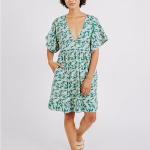 Mirth Small V-Neck Short Sleeve Cotton Silk Printed Mini Dress Teal & Cream